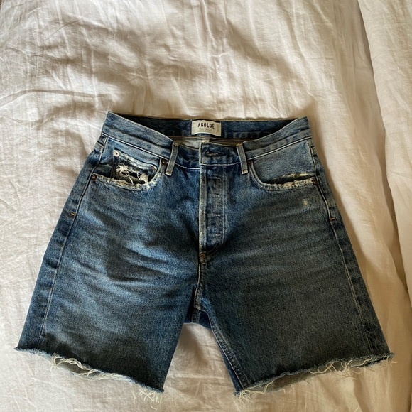 AGOLDE Parker Long Distressed Denim Shorts - Picture 1 of 6